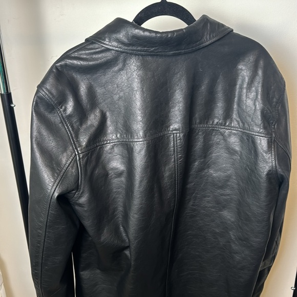 Vintage Merona Genuine Leather Black Long Trench Button Up Collared Jacket SZ L - Picture 7 of 8